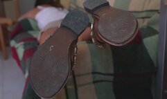 Beauty woman in a dirty slippers sloes lick and barefeet worship