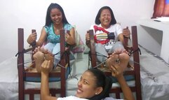 Nicole tickles her mom and sister's feet without a break!