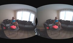 VR video Girl pee in blue yoga pants after watermelon