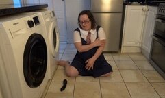 Big breasts wife in collage uniform with big black dildo