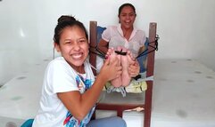 Nicole tickles her stepsister's feet and makes her beg!