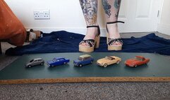 Giantess Jayne crushes 5 plastic cars in chunky heels toy car crush low closeup ground view
