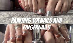 painting my long toenails silver and fingernails