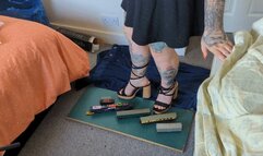 Giantess Jayne crushes some train coaches and small cars in chunky heels toy car crush extra high right view