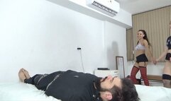 Domination of two beautiful princesses lesbian kissing while they stand there on the face of the cuckold slave in facesitting By Natsha Fiore and Lilly Cam By Dani Full Hd