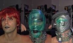 Femme boy self-gags after wrapping throat with chains and wrapping head with saran wrap and duct tape! ft Athens