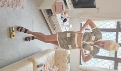 GIANTESS Charn crushes a yellow Ford Boss Mustang in black wedges full body view