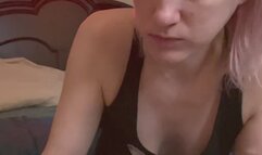 Mukbang skinny scarfs face with a plate of French toast