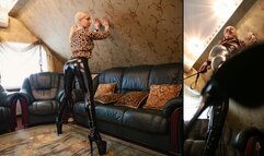 Mistress Katya in tight leather leggings whipping