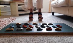 GIANTESS Charn crushes 20 tiny toy cars in chunky high heels close up view feet foot toy car crush