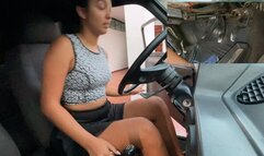 Dalilah tries to start the old car with her shoes on with socks and barefoot