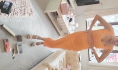 GIANTESS Charn crushes buildings, small cars a train coach and a Plymouth car in chunky white high heels full body view feet foot toy car crush