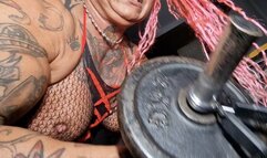 fbb bbw milf huge pecs rock pumop biceps curling giantess like a boss she hulk lingerie home workout strong woman rock back view full body muscled big hands wide big mjuscle offseason shape