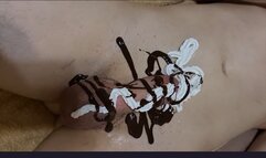 Banana Split blowjob session with trampling, foot smother, foot worship and naylon fetish with spitting and food fetish