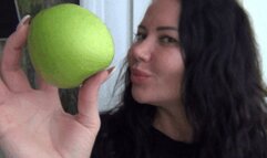 I chop the apple into small pieces with my teeth b