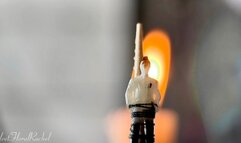 Giantess Rachel plays with a tiny slave tied to a stick