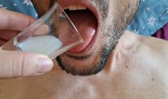 Bound slave boy swallows his own cum from a shot glass for his mistress