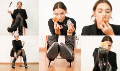 Pretty girl dominates and demands to lick her boots