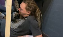 Dirty ankle boots soles licking under the table and painful abs trampling