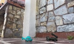 Balbina the Giant car crusher in sexy yellow heels