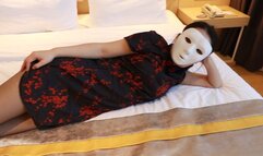 Chinese cheongsam woman in black stockings being tickled