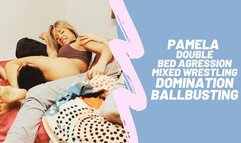 Pamela Strong double bed aggression mixed wrestlign domination ballbusting