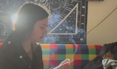 YULIANA- SMOKING A CIGARETTE WITH A MINI SKIRT AND LEATHER JACKET AND RED LIPSTICK