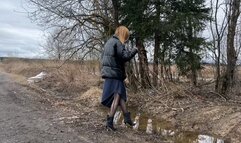 the girl in high-heeled boots wanted to take a shortcut home and went through the field but didn't expect there to be a lot of mud there (Re-realize)