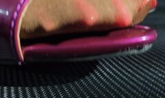 Balbina Extreme Close up shiny pantyhose and purple mule heels