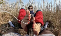 Jerked his dick with my toes in the bushes 3 x back to back, huge ropes of cum! milf feet on bbc, marathon 20, nuts 1-3