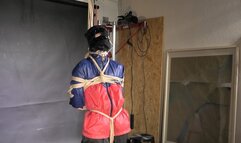 Aiyana bound, Pantygagged and Pantyhooded in shiny nylon Rainwear