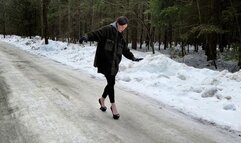 Zanotti high heels on ice, heelless on ice, platform on ice, girl on high heels on ice, slippery shoes on ice