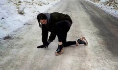 Jeffrey Campbell Skate on ice, platform shoes on ice, girl walking on high heels on ice, slippery shoes
