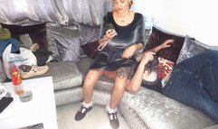 Jennifer Sitting On His Head In Her Velvet Dress