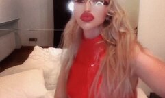 Lick Oil off ass dancing in red catsuit liquid