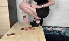 Human ashtray, spitting and heels worship while slave's face is in the face box