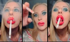 Smoking Davidoff slim gold much dangling close up