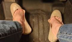 Fifi pedal pumping in sedan wearing shiny nude ballet flats and blue jeans *replay*