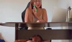 Tickling in the office while Mary works