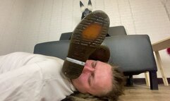 Slave's face as a footstool and spittoon under My dirty DrMartens boots