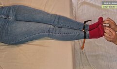 Tickles on feet in red socks