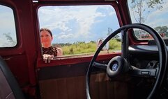 Katherine pedal pumping and driving the Land Cruiser 1977 on sexy sandals