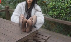 Tall attractive college girl Tai Mei wearing sexy black ultra-thin pantyhose and cheongsam showing her beautiful legs and feet on a wooden table in the park