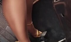 Barbara drives the beetle with pantyhose