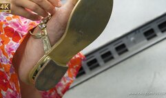 Sandal and foot fetish, nice callous feet close-up, elegant flat sandals for a lick pose