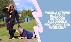 Pamela Strong black gi outdoor bjj double foot domination and worship