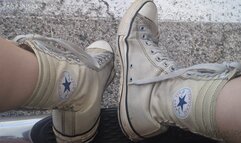 Fifi showing off her well worn ultra high top Converse All Stars from every angle replay