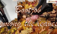Bootjob, cockcrush among the leaves with black rain boots picture in picture