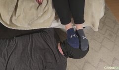 Foot slave has to smell and taste my collection of sweaty socks and then licks my stinky sweaty feet clean