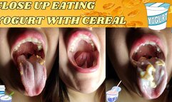 Close up eating yogurt with cereal